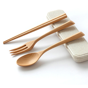 创意三角柄木勺叉筷盒套装木质成人勺子日式木头叉旅行便携餐具