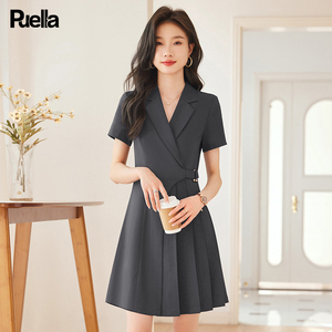 拉夏贝尔Puella时尚韩版短袖西装连衣裙女夏季职业正装通勤中长款