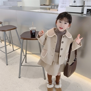 女童韩版呢子大衣2023冬装新款宝宝学院风加厚套装儿童加棉两件套