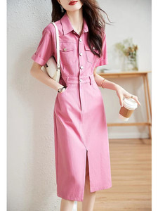 奥特莱斯专柜商场撤柜外贸出口夏季新款法式领粉色牛仔衬衫连衣裙