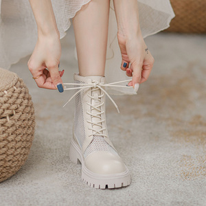 真皮马丁靴女夏季薄款透气网纱凉靴子白色小个子夏天网红镂空短靴