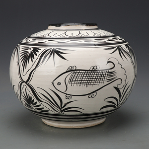宋磁州窑鱼纹罐子古董古玩老货旧货仿古瓷器复古民俗装饰花插摆件