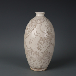 宋代磁州窑狮子纹橄榄瓶古董古玩仿古做旧瓷器民俗装饰摆件全手工
