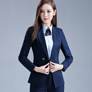 韩版新款长袖条纹西装职业装女装套装珠宝店经理正式工作服女时尚