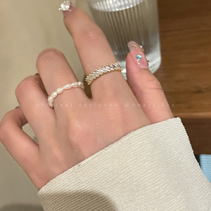 天然淡水珍珠锆石戒指套装女款轻奢小众食指戒法式高级设计感指环