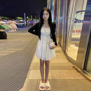 快手网红同款长袖防晒针织开衫 气质甜美花边蓬蓬吊带裙两件套女