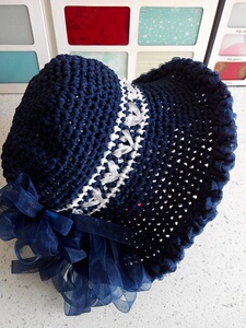 成品丝带帽遮阳帽 纯手工编织 丝带线雪沙带 夏凉帽 沙滩帽亲子帽