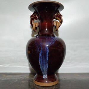 官窑 杨氏钧窑窑变花釉鸡血红双龙耳环瓶仿古瓷器古玩古董捡漏