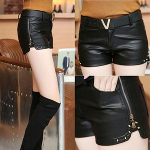 2022秋冬新款pu皮短裤女显瘦侧开叉铆钉靴裤打底皮裤子百搭直筒裤