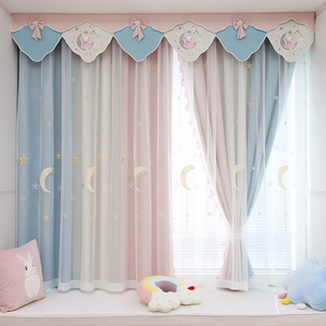 新款儿童房女孩窗帘遮光可爱公主帘头卧室飘窗榻榻米小马花边短帘