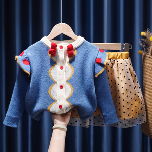 女童韩版公主套装春季儿童毛衣开衫网纱圆点半身裙宝宝洋气两件套