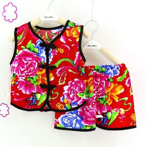 东北大花布衣服婴儿女童夏被面儿童二人转夏装个性被面背心睡衣