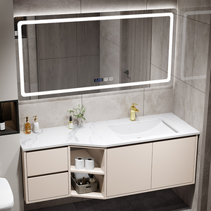 定制斜角浴室柜组合岩板台下盆实木切角异形拐角洗脸盆洗手洗漱台