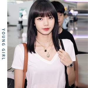 blackpink lisa同款基础款白色t恤纯色2022新纯棉v领上衣女夏短袖