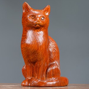 木雕刻猫摆件创意可爱装饰仿真猫实木头工艺品红木小猫咪生日礼物