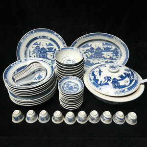 包老/景德镇567老厂瓷/人民瓷厂七十年代外销青花梧桐54头中餐具