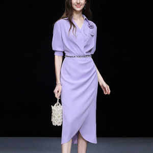 夏季女装2024新款气质浅紫色修身收腰显瘦衬衫连衣裙长裙包臀