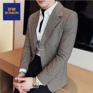罗蒙春秋季千鸟格西装男韩版男士休闲格子小西服新款单西男装上衣