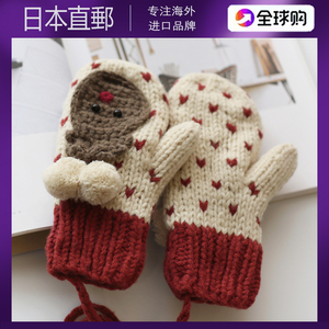 日本Maje Franch冬季针织手套女可爱圣诞挂脖内加绒包指毛线保暖