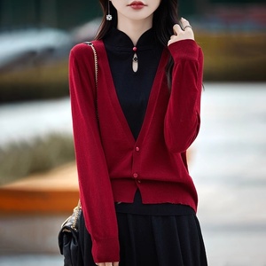 品牌专柜尾单剪标外贸红色中国风假两件羊绒开衫旗袍领针织羊毛衫