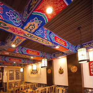 中式横梁雕梁画栋房廊吊顶包边柱满族宗教寺庙花纹装饰背景墙贴画