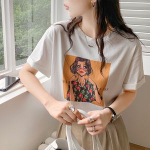 正品哥弟新款女装2022夏季美女头像设计感小众纯棉宽松短袖t恤女