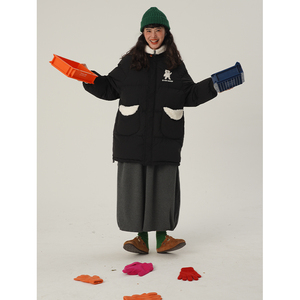 odd maker 小白熊刺绣印花羽绒服女中长款冬加厚保暖羊羔毛领外套