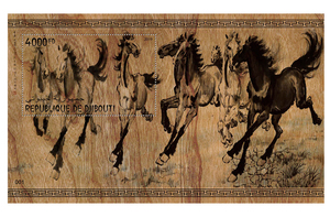 吉布提2019中国徐悲鸿 名画 八骏图 木质邮票m 外国邮票 奔马邮票