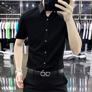 高端免烫垂感短袖休闲衬衫男士修身高级感弹力商务黑色衬衣冰丝潮