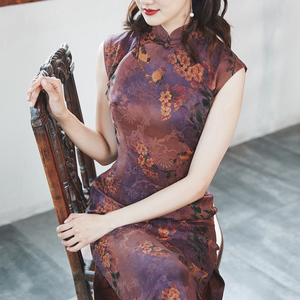 唐之语复古包肩袖重磅绢纺花罗香云纱莨绸女民国风中长款旗袍旖旎