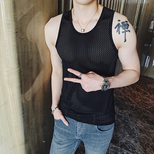 无袖t恤背心夏季装镂空网格网眼渔网个性透视t夜店上衣服装时尚男
