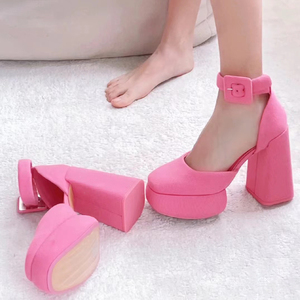 粉色少女性感辣妹高跟鞋2023年新款粗毛呢时尚皮带扣百搭中空凉鞋