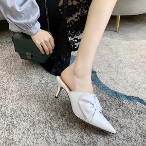 欧洲站欧货大蝴蝶结白色穆勒鞋无后跟半拖鞋真皮高跟尖头凉拖鞋潮