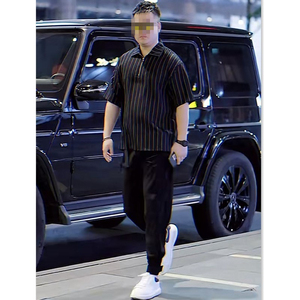 青栀潮男微胖男生显瘦穿搭夏季短袖polo衫男士宽松条纹半拉链t恤