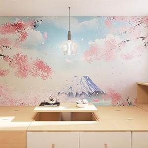 日式富士山粉色樱花壁纸寿司店榻榻米墙画日系卧室背景墙墙纸墙布