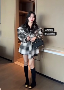 韩国东大门海军领格子双面羊绒大衣女2024春季新款系腰带羊毛外套
