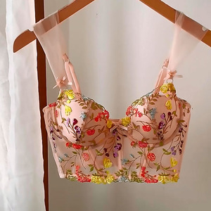 粉红色刺绣内衣蕾丝花朵通透少女感文胸网纱肩带个性胸罩夏季薄款