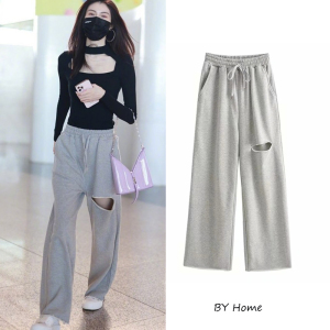 何穗明星同款灰色破洞长裤女春秋休闲宽松卫裤高腰阔腿裤子套装潮