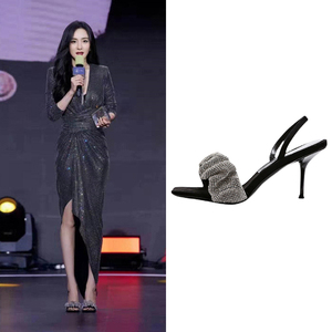 代购alexander wang杨幂同款凉鞋aw大王水钻方头露趾细跟高跟鞋