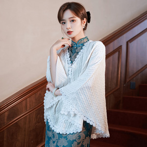 旗袍披肩百搭小外套白色针织蕾丝花边斗篷开衫日常民国风温婉短款