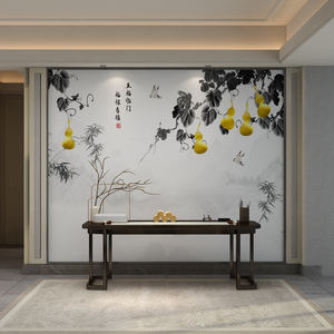新中式五福临门入户门背景墙壁纸客厅沙发电视墙壁画水墨葫芦福禄
