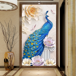 入户门浮雕立体孔雀玄关竖版装饰壁画现代大气过道走廊8d墙纸壁纸