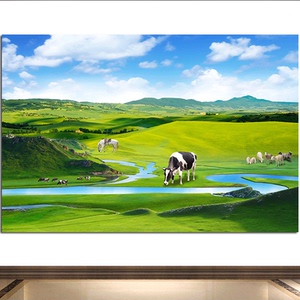 蓝天白云绿色草地壁画田园风光牛羊马成群动物画大草原牧场聚财画