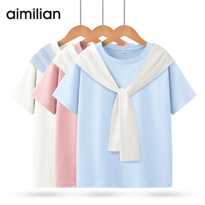 艾米恋披肩假两件t恤女短袖夏季纯棉体恤设计感小众宽松白色上衣