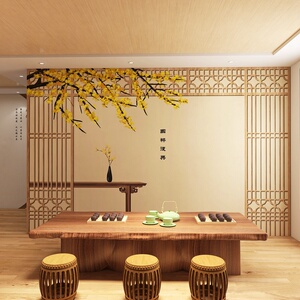 新中式花鸟墙纸禅意中国风背景墙壁画电视客厅装饰木格栅装饰壁纸