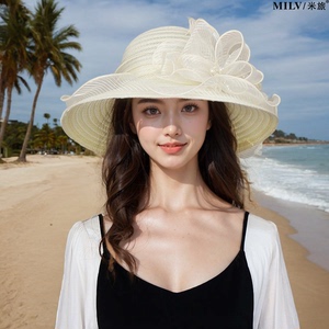 夏季女士凉帽优雅时尚欧根纱花朵遮阳帽子可折叠太阳帽防晒沙滩帽