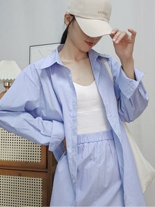 蓝色条纹防晒衬衫半身裙韩系宽松慵懒风美术生穿搭女夏季两件套