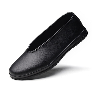 圆口唐装鞋中国风老头鞋软底秋季爸爸老人男皮鞋懒人鞋驾车鞋