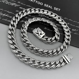 925纯银ch克罗心个性五角星嘻哈潮男士霸气粗款复古扁链古巴项链