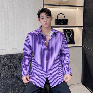 2022春季ins抖音网红炸街紫色衬衫男长袖宽松韩版时髦条纹衬衣潮
